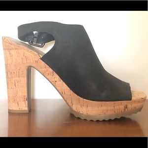 Franco Sarto Black Suede Cork Chunky Heels